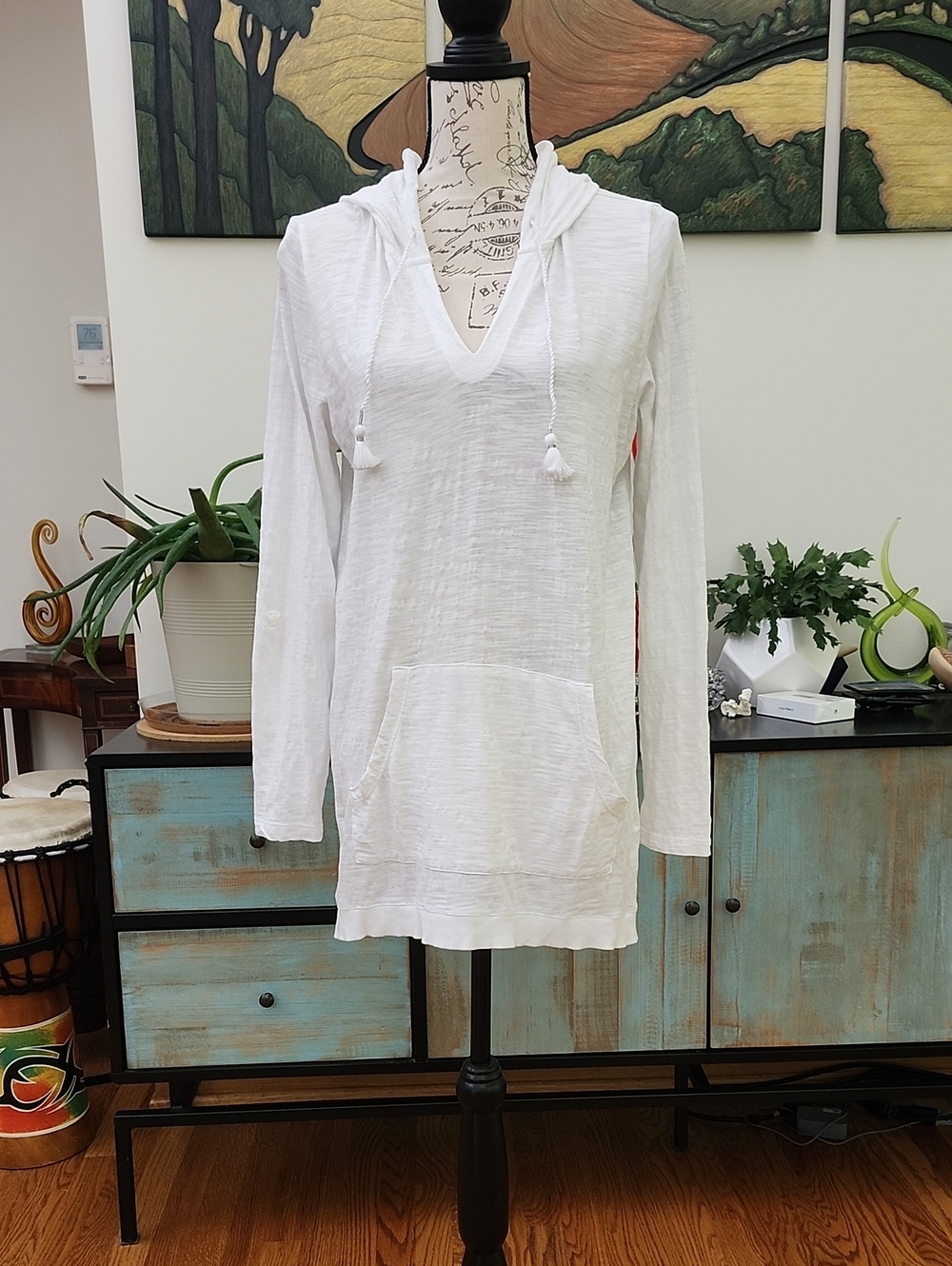 J. Jill White 100% Cotton Knit Hoodie Tunic with Tab Sleeves & Tassel Drawstring
